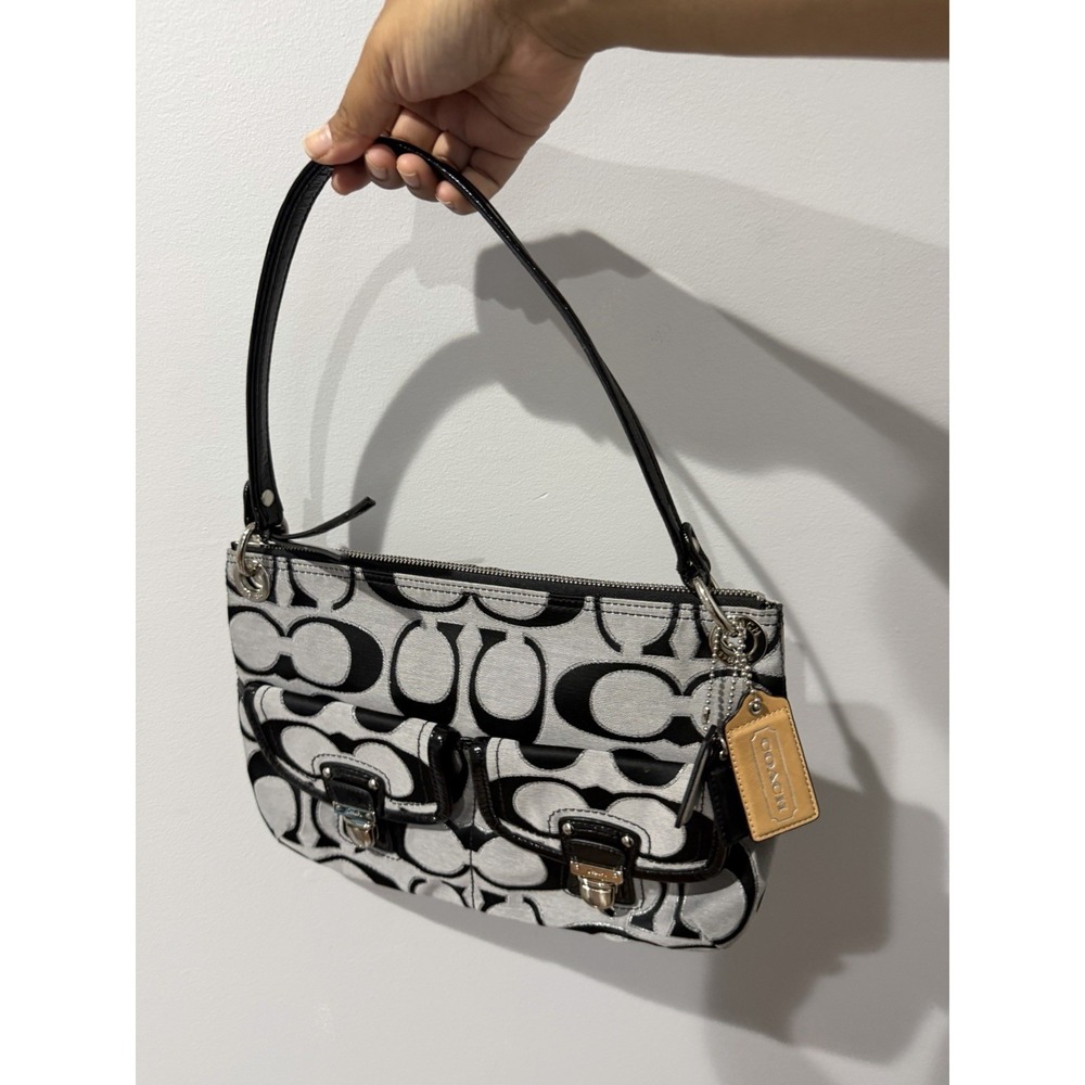 Coach Black & Gray Poppy Signature Sateen Shoulder Bag 18980 Purse F - Picture 2 of 12